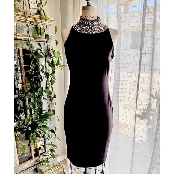 NWT Rhinestone High Neck Midi Dress Black Sleeveless Statement Lined Zip Size M - Picture 1 of 11